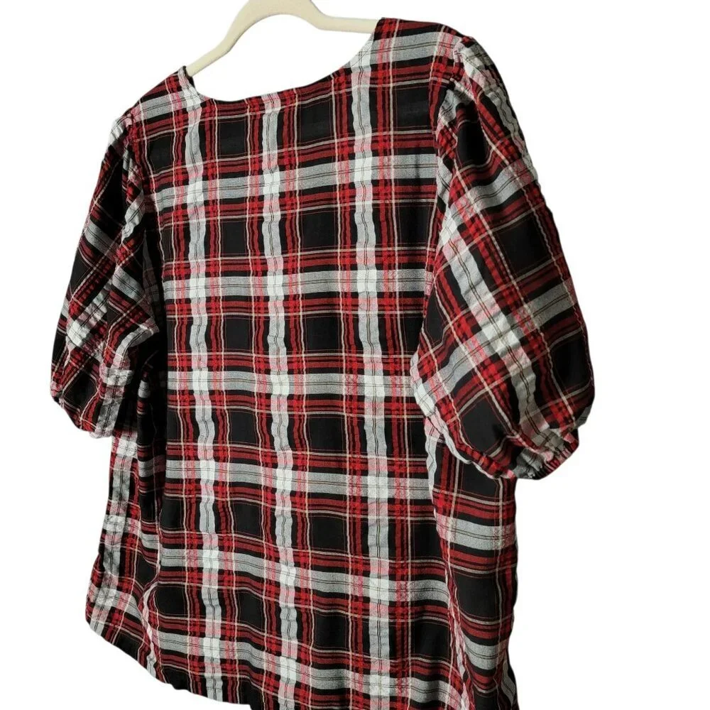 LOFT Plus Womens Red Black Plaid Puff Sleeve Business Casual V-Neck Top 16